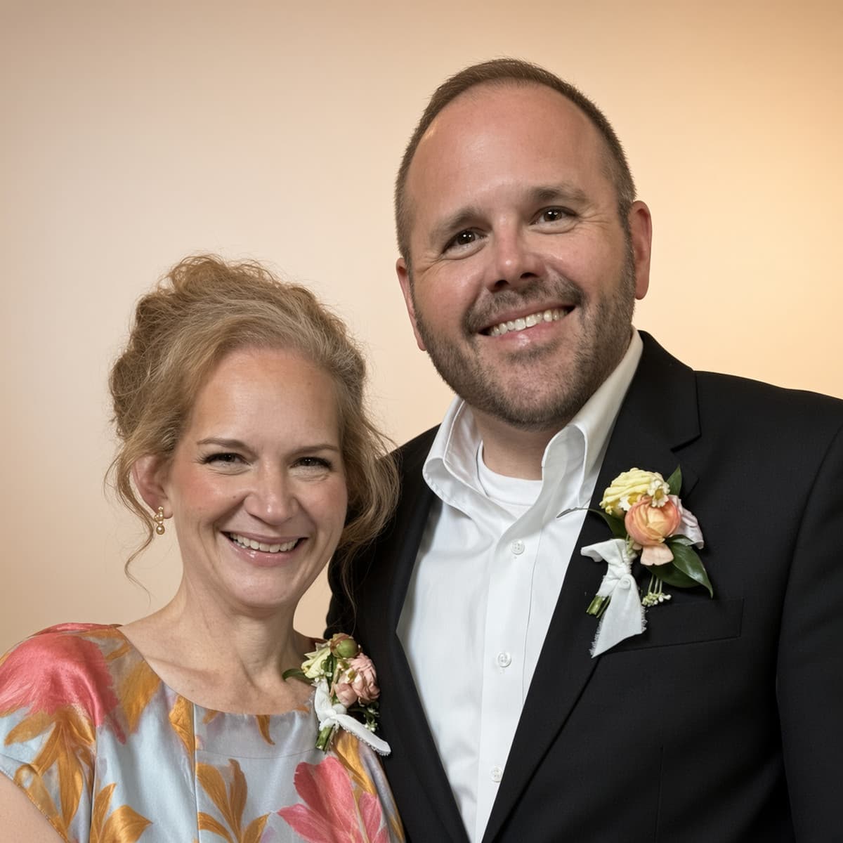 Pastor James and Mrs. Carol smiling together in a formal portrait, against a warm peach backdrop