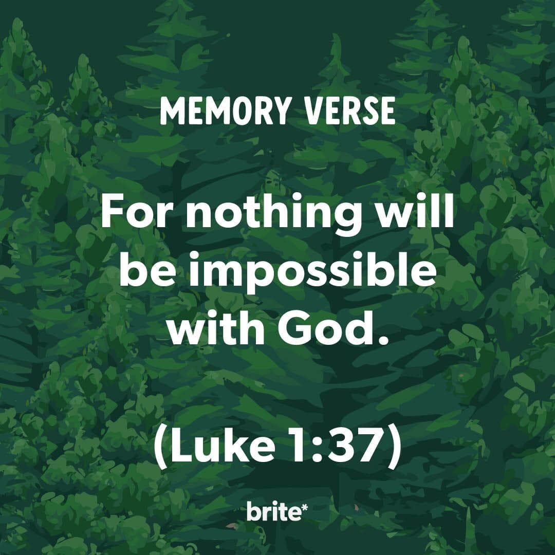October memory verse graphic on a green pine forest background: "For nothing will be impossible with God." (Luke 1:37)