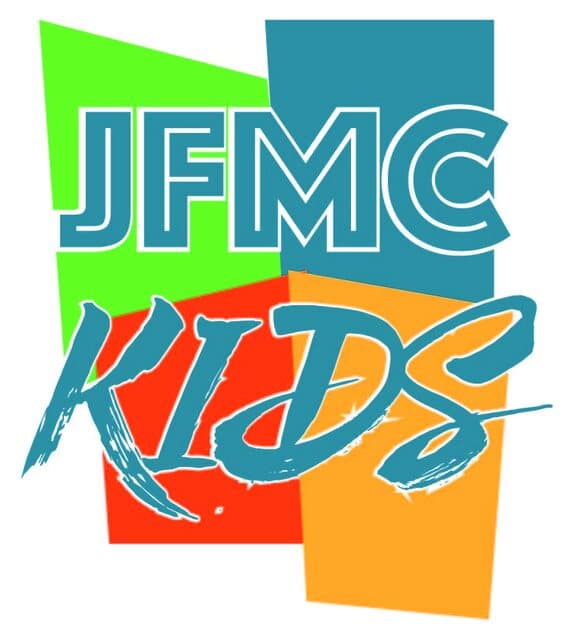 JFMC Kids logo: "JFMC" in outlined teal letters and "Kids" in teal brush script over green, teal, red, and orange color blocks