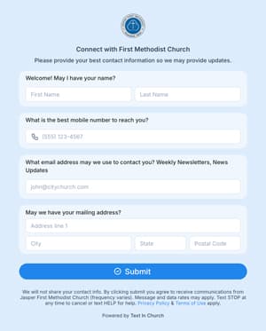 Text In Church sign-up form for Jasper First Methodist Church